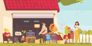 Header image for Premium Domains Garage Sale page on 251group.com depicting cartoon of garage sale scene with people browsing various items for sale.